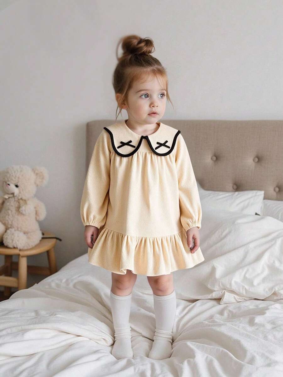 SHEIN Baby Girls Ruffled Collar Patchwork Dress With Ruffle Hem And 3D Bow Accent, Casual Cute & Elegant Daily Wear - Apricot - View 1