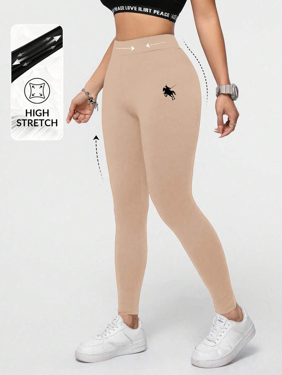 SHEIN Essnce Casual Knight Sword Pattern High Waist Skinny Women's Long Leggings, Suitable For Spring/Summer - Khaki - View 1