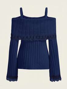 ROMWE Kawaii Women's Casual Off Shoulder Sleeveless Pullover Sweater, Suitable For Autumn/Winter - Navy Blue - View 2