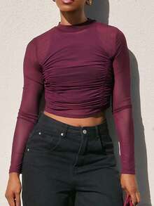 Yess Loren Mock Neck Ruched Mesh Perspective Crop Top Without Bra - Burgundy - View 5