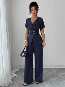 Modelyn Women 2 Pieces Striped Decor Belted Set - Navy Blue - View 5