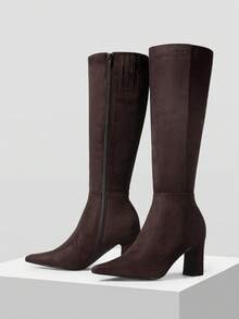 Mnmlis 女士时尚百搭通勤粗跟过膝长靴 - 棕色 - 查看 2