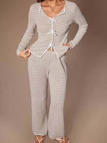Lazeform 女士休闲修身撞色条纹提花翻领长袖上衣和裤子家居服套装，冬季服装 - 彩色 - 查看 5