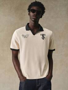 STYNVO Men's Casual Contrast Trim Letter Print Short Sleeve Polo Shirt, Summer College Style Pattern Polo Men Men Polo Shirts Mens Golf Shirt Rugby Shirt Polo Mens Jersey Shirt - Apricot - View 4