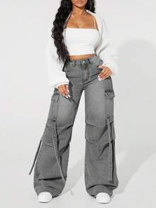 SHEIN ICON Plus Size Solid Color Casual Versatile Wide Leg Cargo Jeans - Light Grey - View 8