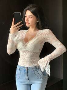 DAZY Women's Floral Lace V-Neck Long Sleeve Sheer Fitted Blouse - White - View 5