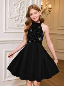 SHEIN Tween Girl Casual Everyday Elegant Beaded Knit Halter Waist A-Line Dress, Girls Black Dress, Suitable For Christmas, New Year, Birthday Party, Sibling Outfits Matching Outfits Girls Luxury Dress Black Party Dress - Black - View 3