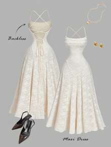 SHEIN MOD Women's Apricot Knitted Jacquard Backless Dress, Elegant Party Dress, New Year Dress,Christmas Women's Clothing, Thanksgiving Outfit,Elegant Party Dresses,Graduation Dress