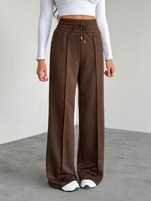 SHEIN Tall Women's Solid Color Drawstring Waist Wide Leg Loose Casual Sweatpants Graduation,Back To School,Graduation,Teacher For Women,Back To School - Brown - View 3