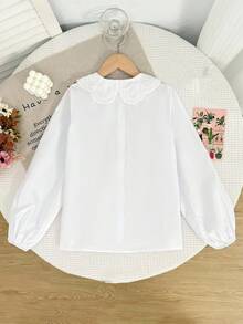 SHEIN Tween Girl Casual Comfortable Collared Heart Pattern Embroidered Cotton Shirt - White - View 2
