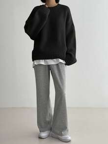 DAZY Solid Color Crew Neck Casual Long Sleeve Sweater,Long Sleeve Tops,Fall Women Clothes - Black - View 5