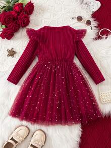 年轻女孩优雅丝绒红色网纱长袖连衣裙 - 彩色 - 查看 10