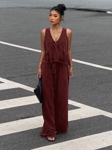 Muchica Bộ đồ lót và quần dài cổ chữ V họa tiết bông tuyết cổ điển dành cho nữ, mùa hè - Màu Đỏ Sâu - Xem 5