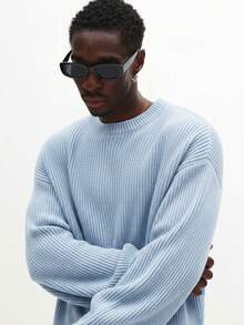 SUMWON Ribbed Knit Cropped Sweater With Round Neckline Long Sleeves Fitted Silhouette Textured Jumper Fall Winter Layering Essential - Blue - View 6