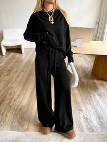 SHEIN EZwear 大码舒适黑色针织家居服套装 - 黑色 - 查看 1