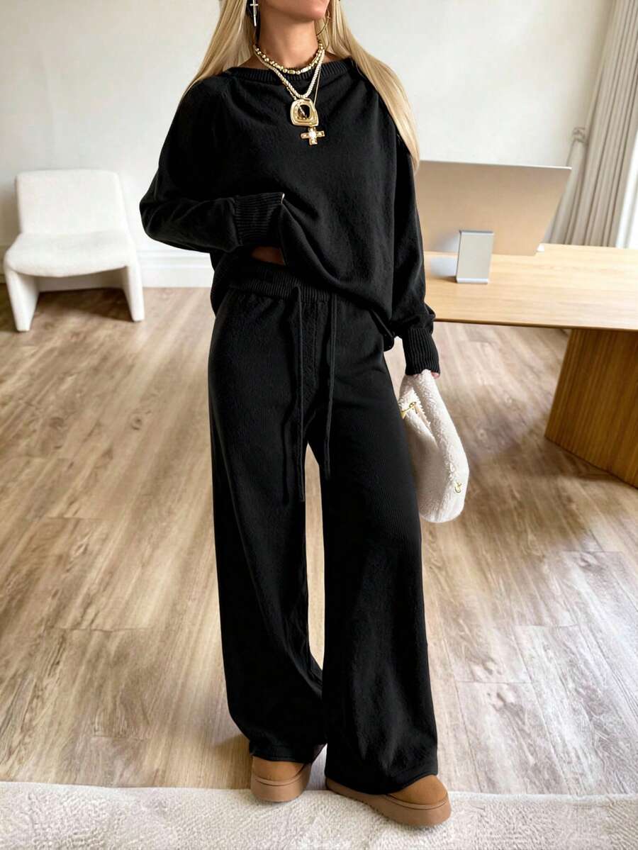 SHEIN EZwear 大码舒适黑色针织家居服套装 - 黑色 - 查看 1