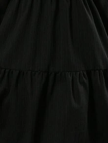 SHEIN Tween Girl Solid Color Round Neck Long Sleeve Pleated Mini Casual Dress - Black - View 3