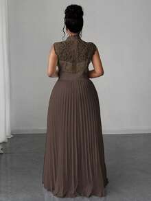 Maweii Plus Size Women Stand Collar Sleeveless Pleated Lace Ruched Waist Dress - Brown - View 2