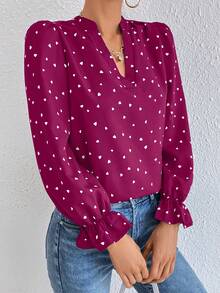 LanaWest 女士心形印花V领长袖时尚衬衫 - 玫紅色 - 查看 3