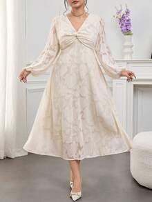 Modelyn 大码扭腰A字泡泡袖连衣裙 - 杏色 - 查看 5