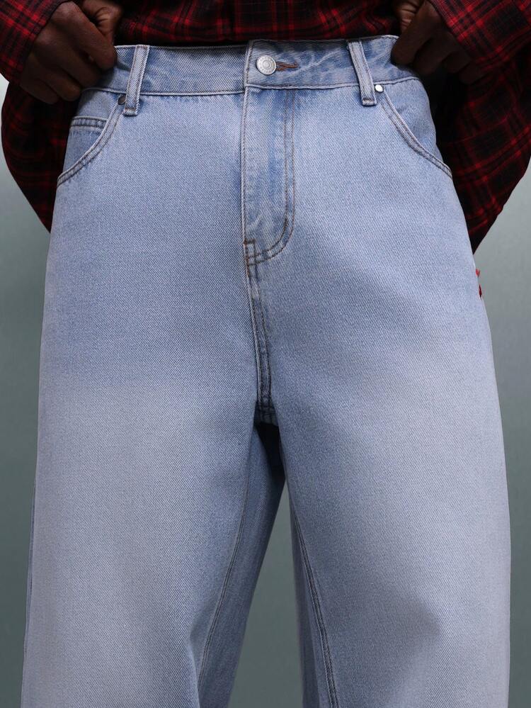 PLAYBOY X SUMWON Light Wash Wide Leg Jeans With Red Embroidery