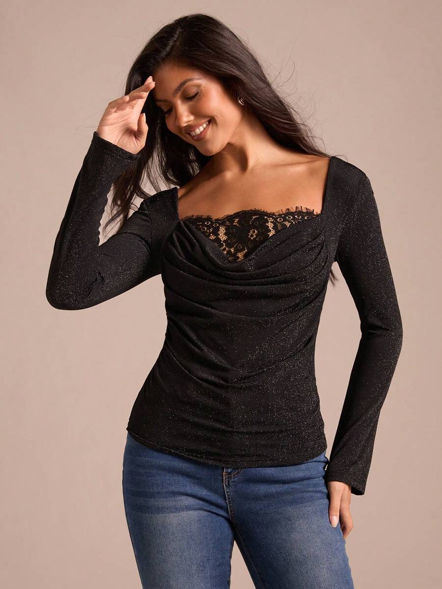 Enchnt Spring Romantic Women's Elegant Fashionable Black Ruffle Collar Lace Patchwork Long Sleeve Blouse, Date&Office&Going Out&Daily Commuting,Black Blouse,Spring Clothes, Black Top - Black - View 1