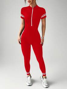 Dewbera 无缝运动瑜伽短袖拉链七分连体衣/立领拉链设计/竖条纹面料/3D效果/撞色袖口和裤脚/吸湿排汗/户外跑步/健身/骑行 - 紅色 - 查看 3