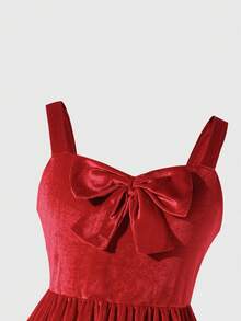 Sparklyn Tween GirlsRed Velvet Spaghetti Strap Ruffle Hem Christmas Party Elegant Cute Dress, Suitable For Occasions Dress Red Ruffle Dress Bow Dresses Velvet Dress Elegant Dress - Red - View 3