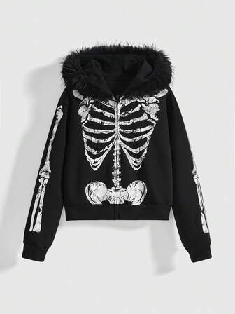 Goth Sudadera con capucha con cremallera y estampado de esqueleto desgastado con cuello de piel