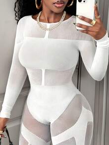 BamGleam Women's Sexy Hollow Out Mesh Long Sleeve Jumpsuit - White - View 7