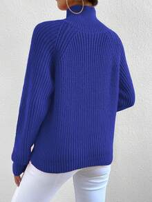 Elenzga Women's Casual Daily Button Decor Turtleneck Ribbed Knit Sweater, Autumn/Winter - Blue - View 2