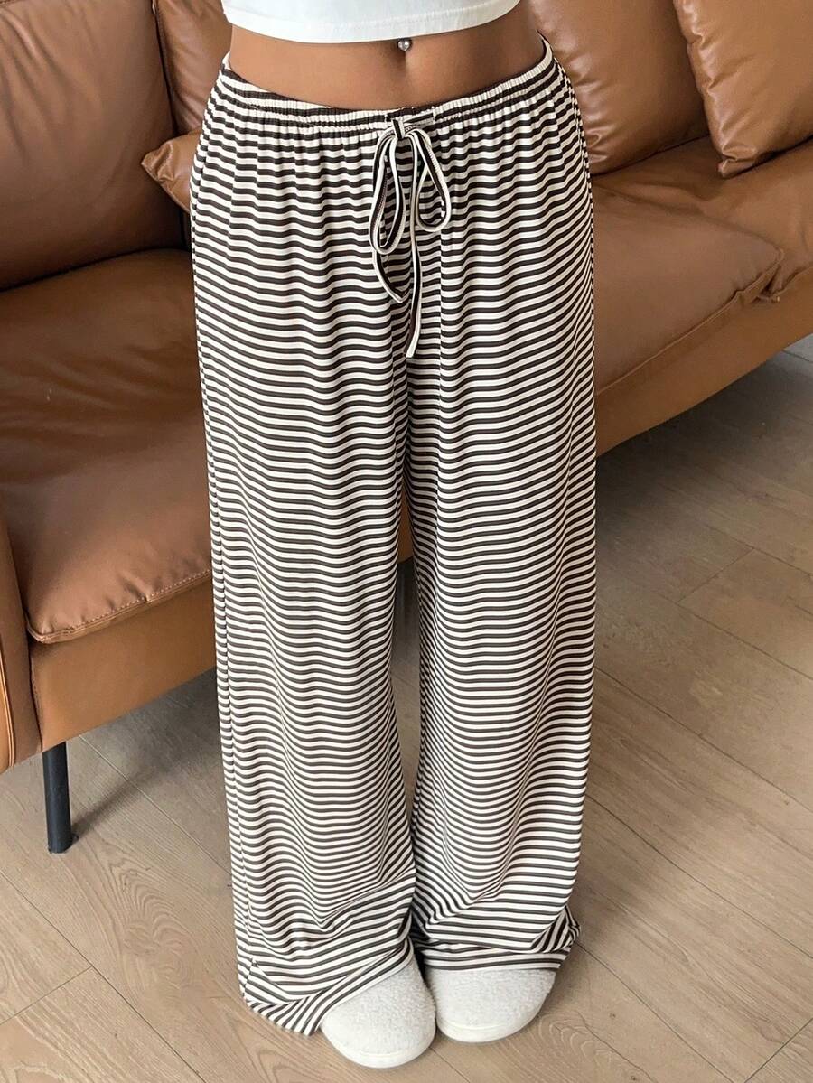 Aloruh 女士休闲舒适棕色低腰系带阔腿条纹裤，春季款 - 棕色 - 查看 1