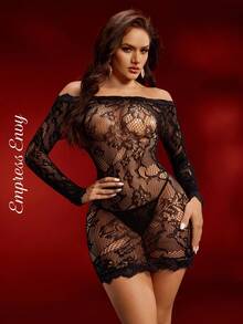 EmpressEnvy 女士黑色针织网纱露肩紧身连衣裙，蕾丝边饰，性感优雅，适合派对、聚会、夜店等场合。 - 黑色 - 查看 4