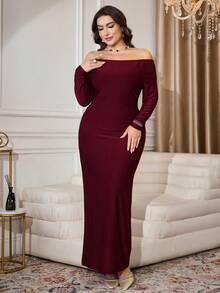 Modelyn Vestido elegante de mujer de talla grande con cuello de piel sintética desmontable - Burdeos - Ver 5