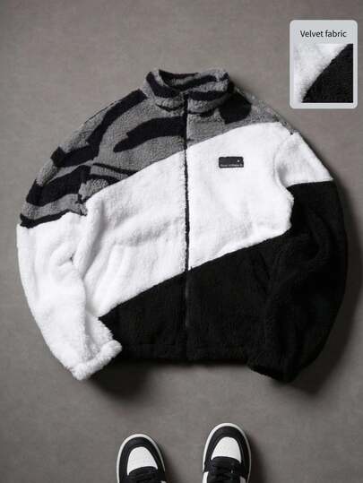 PAVTROS 男士休闲撞色拼接长袖夹克，秋冬Y2K拉链男士街头风黑白夹克，宽松，印花，Friends，另类，Friends