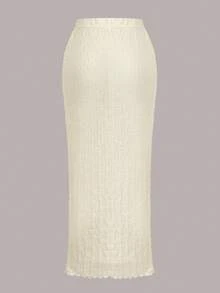 SHEIN EZwear Women's Elegant Solid Color Textured Fitted Skirt, Suitable For Commuting - Apricot - View 2