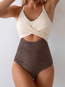 Swim Lushoire 1pc Women's One-Piece Swimsuit, Wavy Pattern Sexy European-American Style Conservative Criss-Cross Beach Swimsuit - Multicolor - View 4