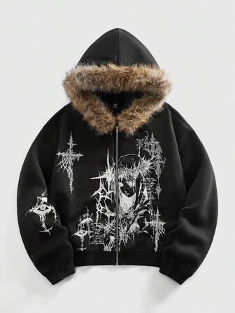 Street Life Men's Gothic Character Hooded Sweatshirt With Fur Collar