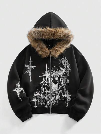 Street Life Men's Gothic Character Hooded Sweatshirt With Fur Collar