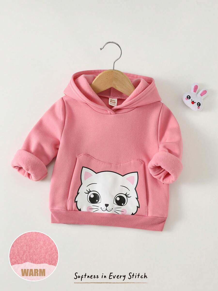 Cozy Pixies 女婴粉色卡通猫咪图案口袋针织柔软长袖卫衣,秋冬款 - 藕粉色 - 查看 1