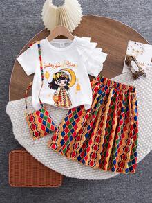 Abaya 2件組少女卡通印花圓領短袖上衣與滿版印花裙套裝，少女兩件式夏季女童套裝 - 彩色 - 查看 1