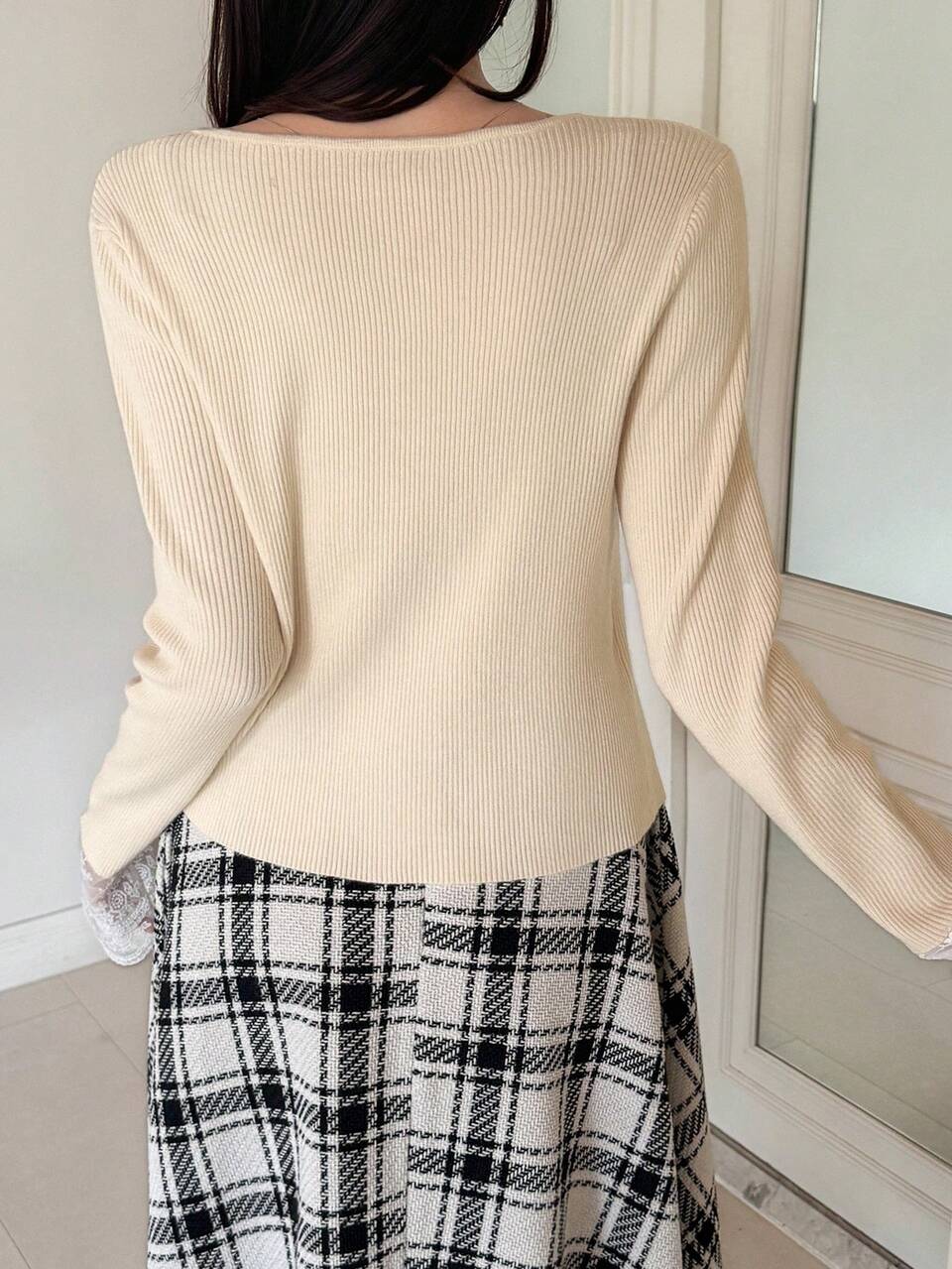 Women's Elegant Lace Patchwork Flare Sleeve Sweater, Autumn/Winter