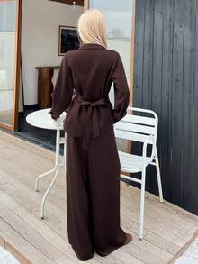 DAZY Bộ 2 món áo sơ mi trơn màu có thắt lưng và quần ống rộng dành cho nữ, Thu/Đông - Cà phê nâu - Xem 2