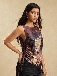 Easelle 女士个性化印花圆领无袖背心 - 摩卡棕 - 查看 6