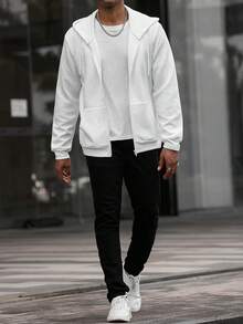 Manfinity CasualCool 男士纯色口袋休闲拉链连帽卫衣，街头风，长袖上衣