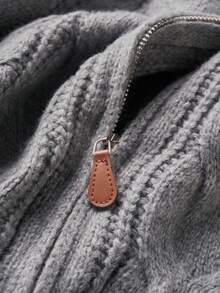 INAWLY 麻花针织拉链开衫，复古粗针织毛衣 - 灰色 - 查看 5