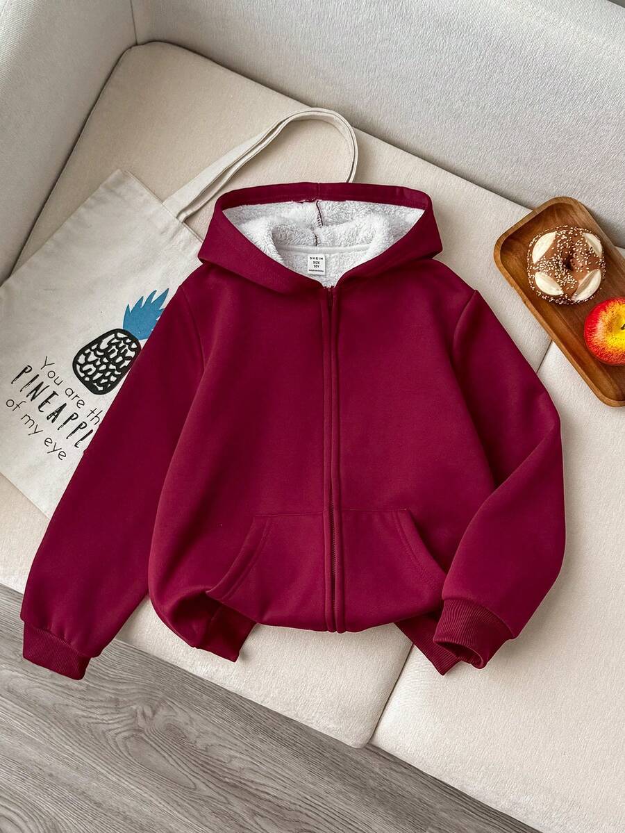 SHEIN 少女休闲舒适简约针织连帽长袖衫,适合外出、上学、日常聚会、秋冬季穿着。 - 酒紅色 - 查看 1