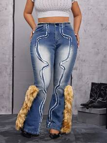 Jeanoix Quần jeans ống loe chắp vá mềm mại cỡ lớn dành cho nữ - Màu xanh lam - Xem 8