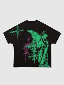 ROMWE MEN Goth Kaos Pria Lengan Kelelawar Kasual Musim Semi/Panas dengan Motif Grafis, Cocok untuk Dipakai Sehari-hari di Musim Semi/Panas - Hitam - View 2