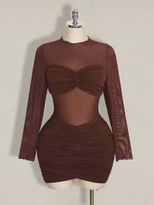 SHEIN ICON 大码女式网纱拼接透视褶皱长袖迷你连衣裙 - 棕色 - 查看 3